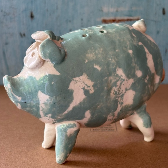 Other - Hand-Crafted Ceramic Piggy Salt Shaker in Green and White